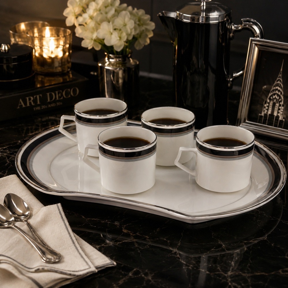 Mikasa Noir A4102 Coffee Set Platter 4 Cups Bone China Japan Vintage